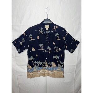Vintage Splatt Men's L Tropical Beach Scene Button Up Shirt - Short Sleeve